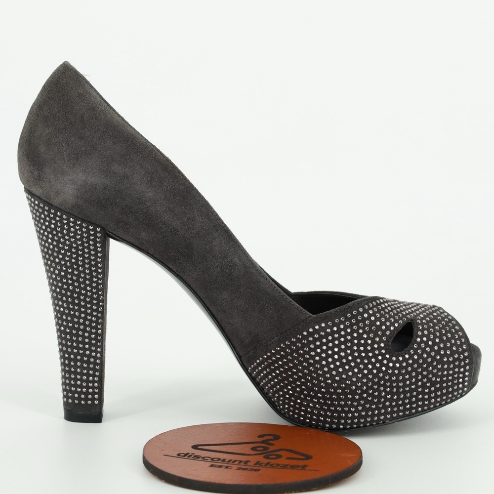 Stuart Weitzman Teardrop Anthracite Suede Open Toe Platform Heels Slip On 7.5‎